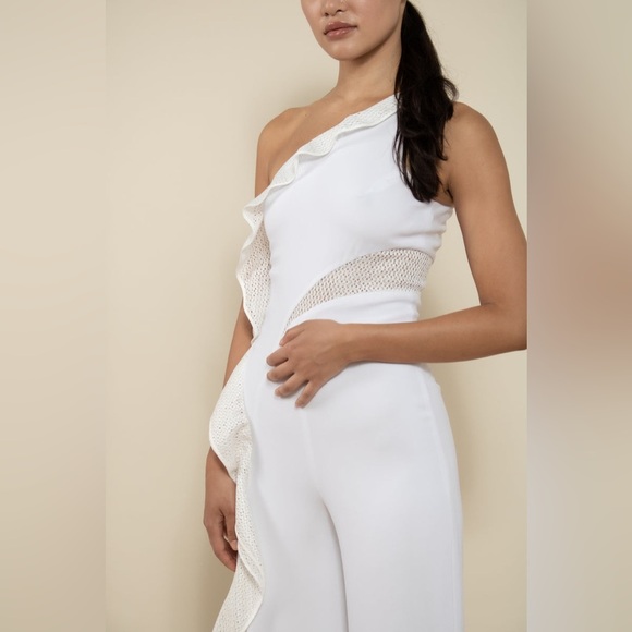 Jonathan Simkhai Diamond Mesh One Shoulder Jumpsuit in White Size 10 - Picture 9 of 16